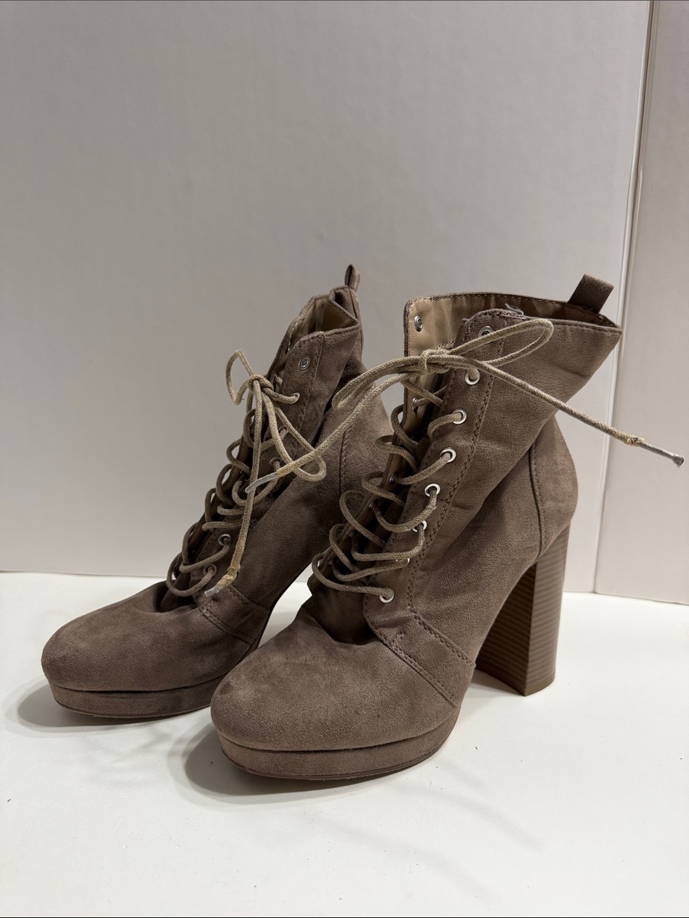 Charlotte Russe ‘Serina’ Taupe Lace-Up Chunky Heel Ankle Boots